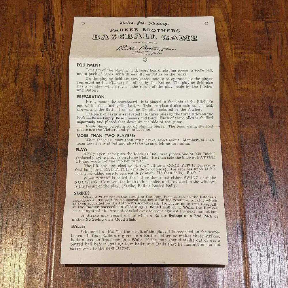 VTG 1949 Parker Brothers Baseball Game Original Rules, Score Sheet Pad & Cards